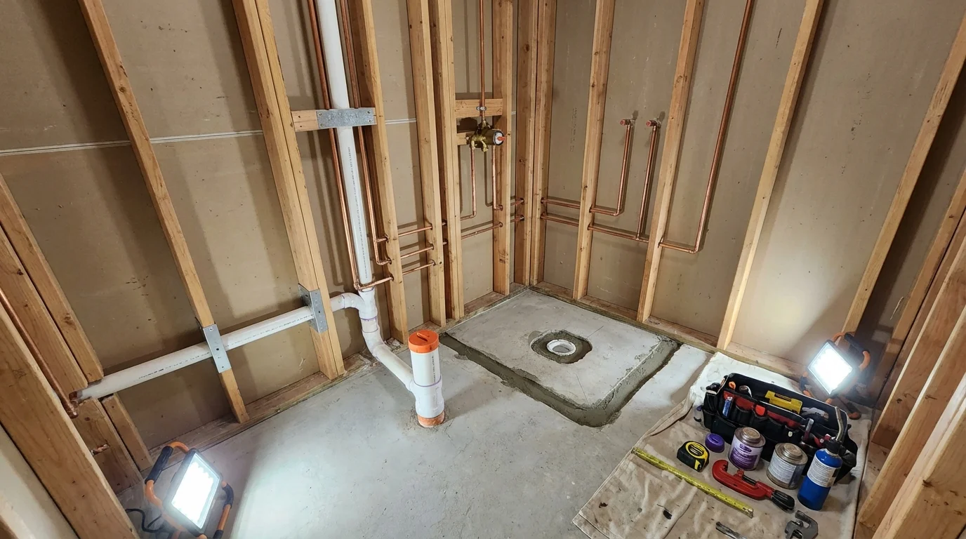 Bathroom rough-in plumbing during remodel by Johns Plumbing LLC in New York City