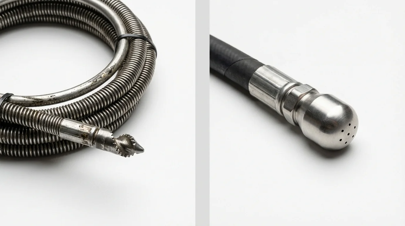 Drain snake cable and hydro jetting nozzle used for drain cleaning in New York City, NY