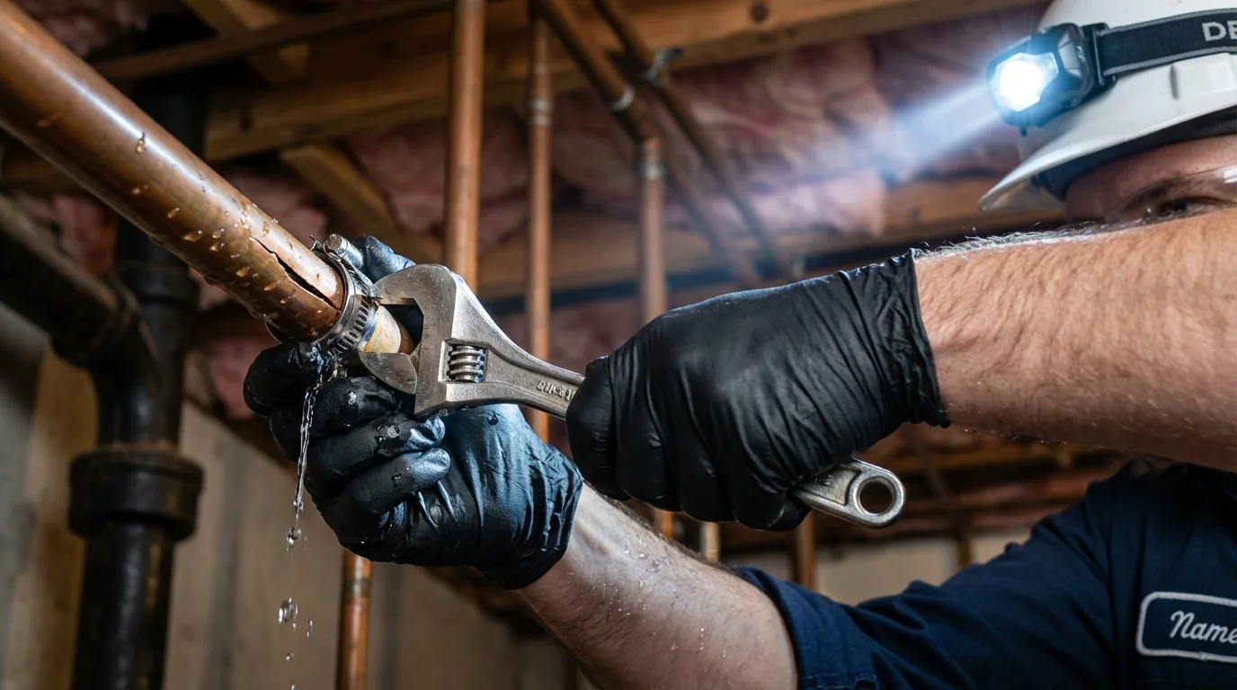 Emergency pipe clamp repair being performed by a Johns Plumbing LLC plumber in New York City