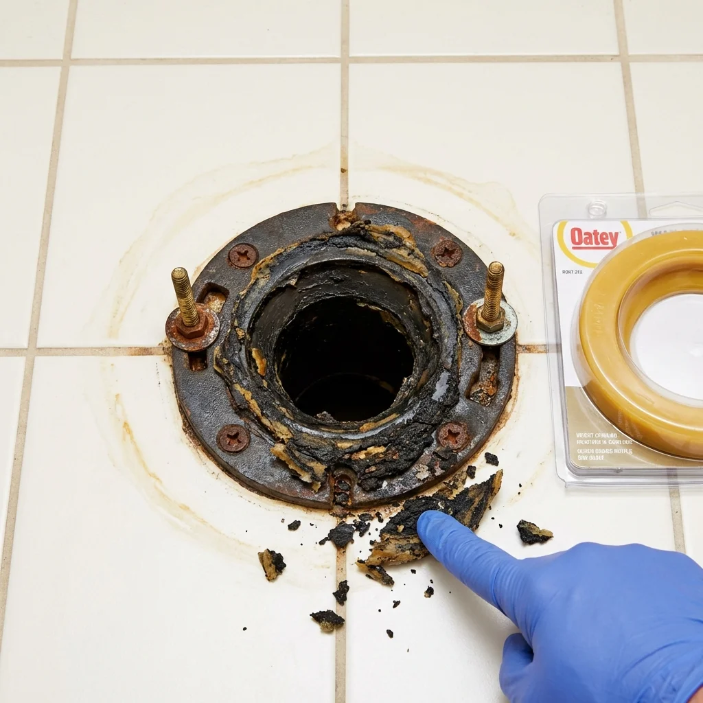 Failed wax ring showing water seepage at the base of a toilet in a New York City, NY home