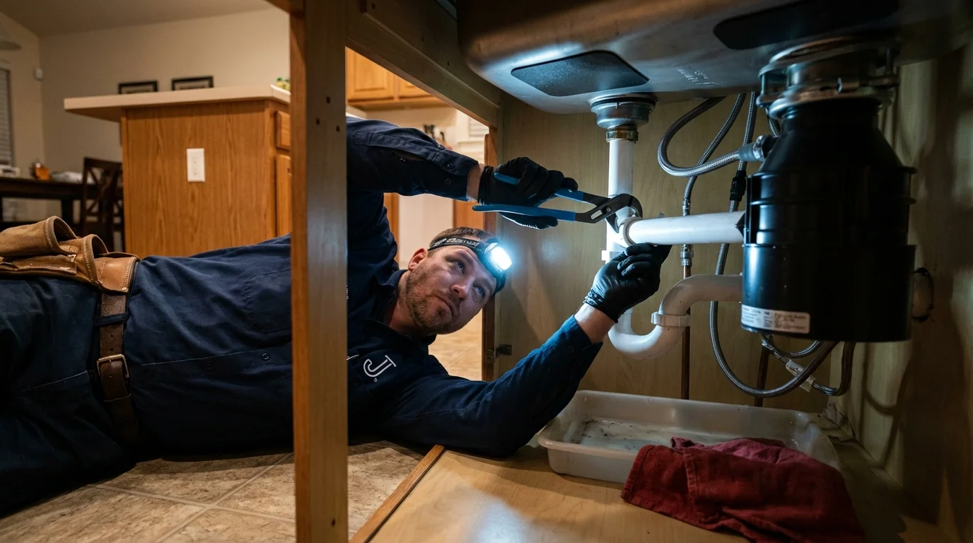 P-trap and supply line connections under a kitchen sink showing a common leak point in New York City, NY