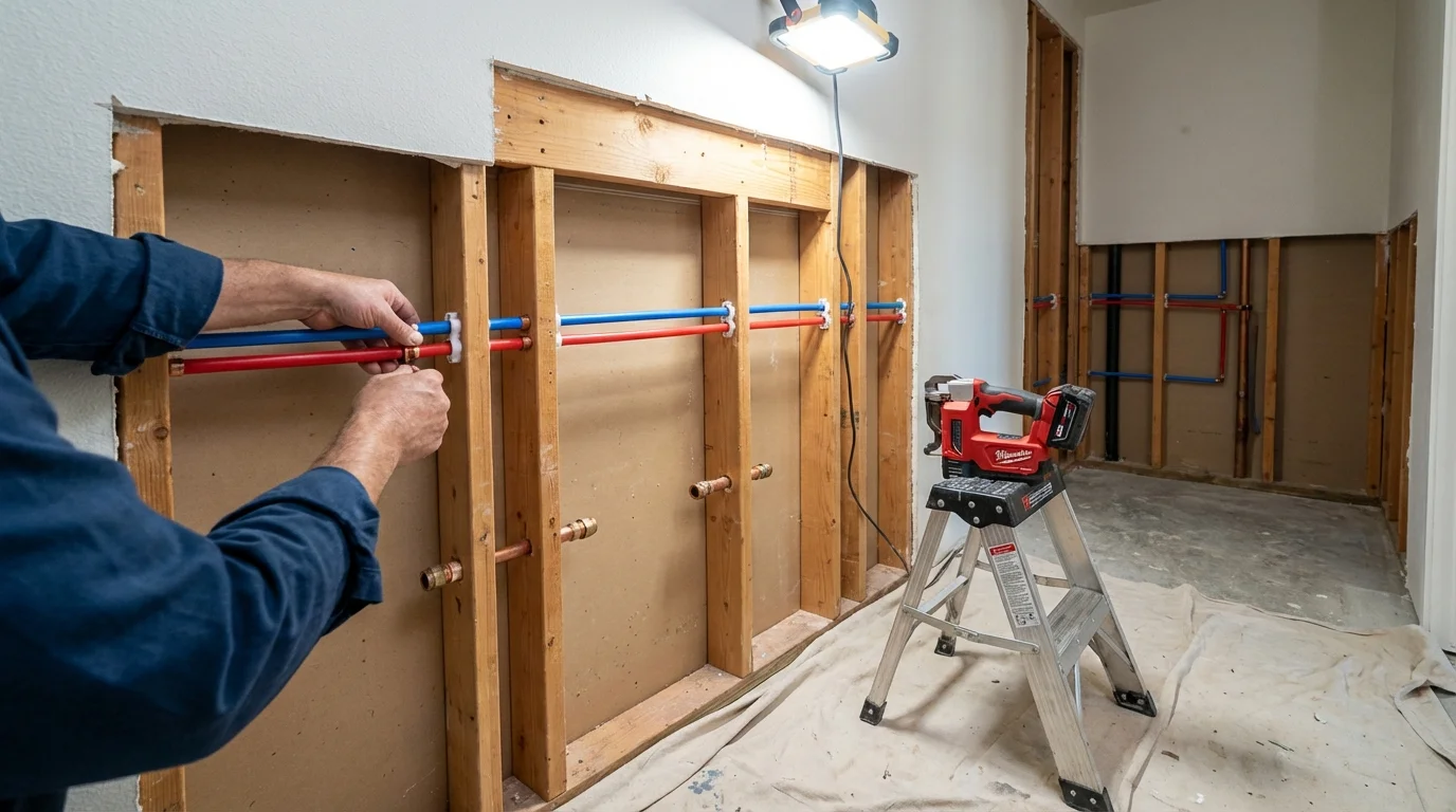 Old galvanized pipes being replaced with modern PEX piping during a whole-house repipe in New York City, NY